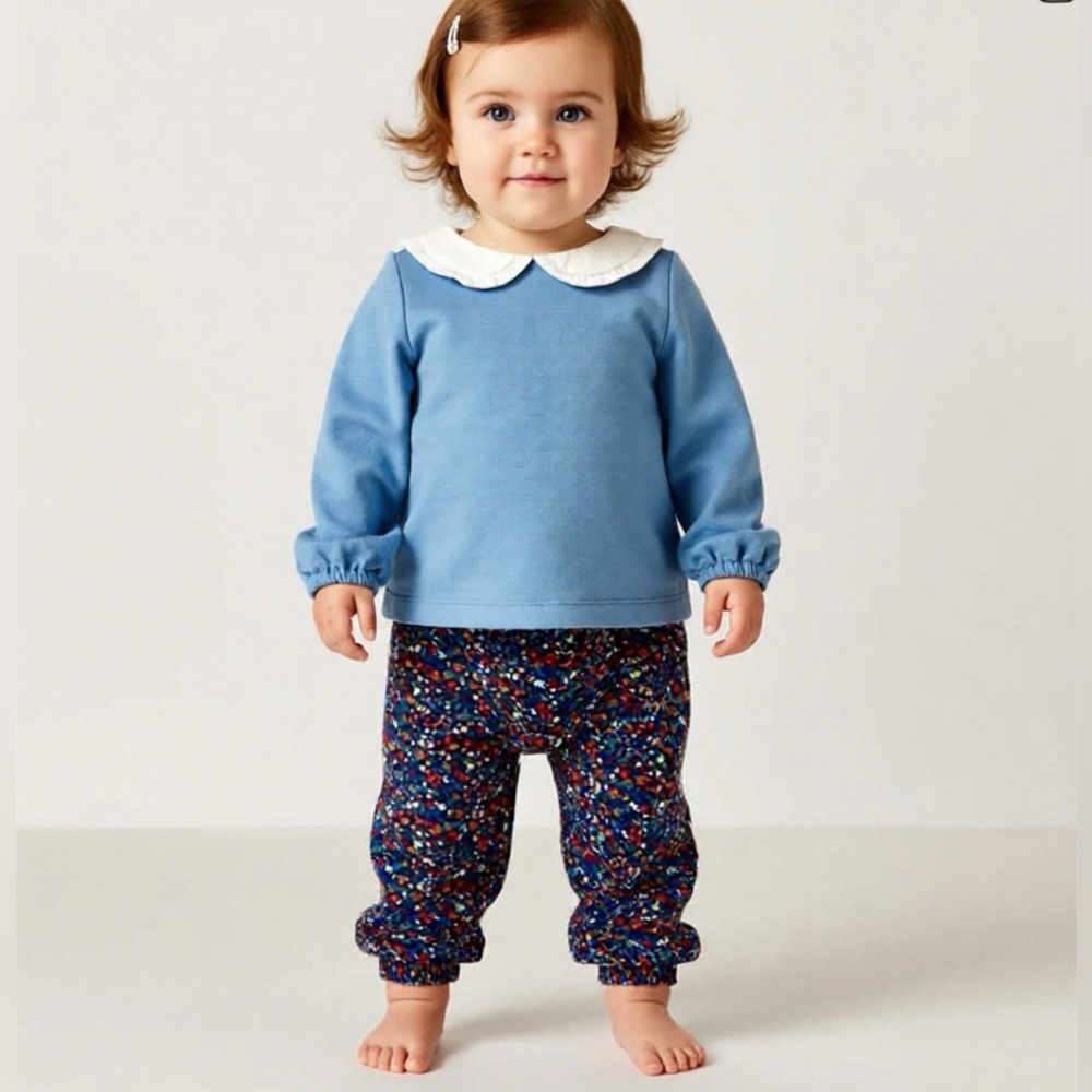 Edgehill Collection Peter Pan Long Sleeve Top & Floral Pants Set